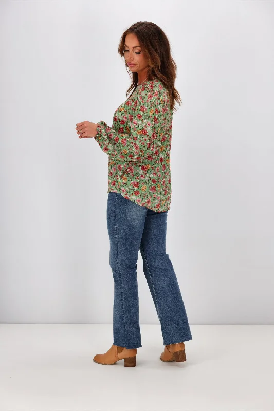 Gloss by Shine On Justine Elasticated Sleeve Top Green Floral