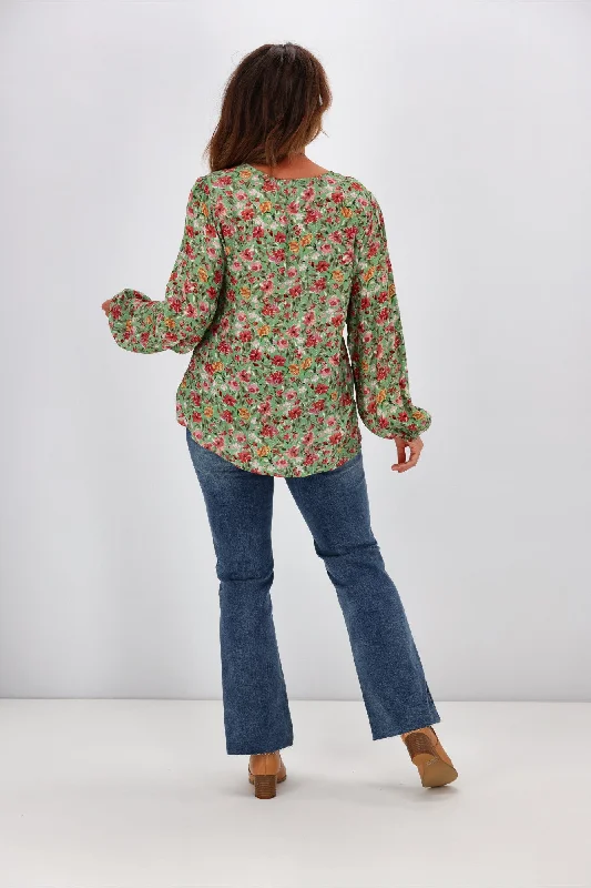 Gloss by Shine On Justine Elasticated Sleeve Top Green Floral