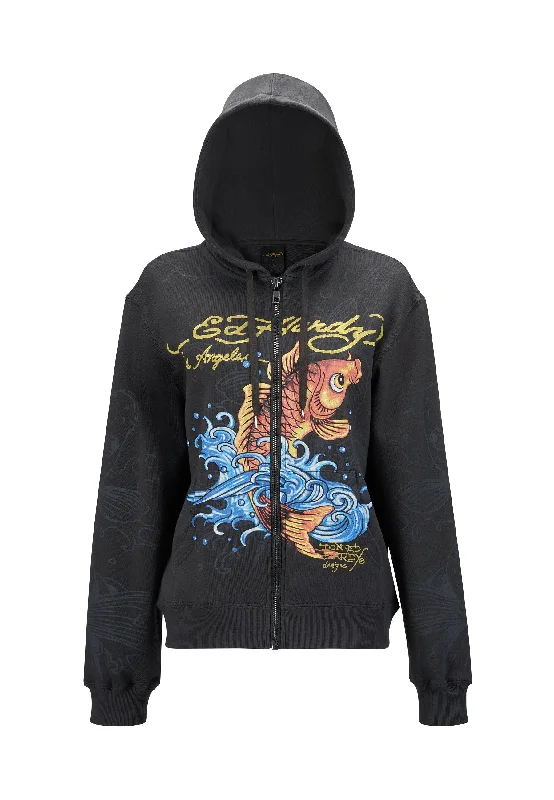 Womens Golden-Koi Teddy Fleece Lined Hooded Jumper - Charcoal