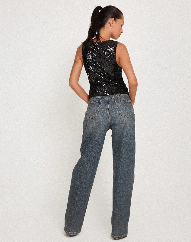 Hala Crop Vest Top in Black Sequin