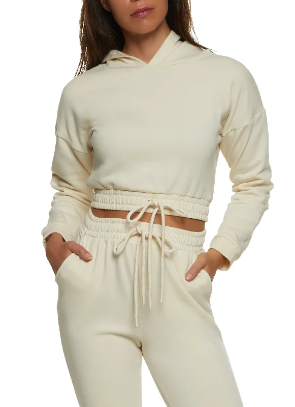 Fleece Faux Drawstring Cropped Sweatshirt