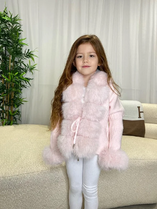 Kids Baby Pink Premium Faux Fur Cardigan