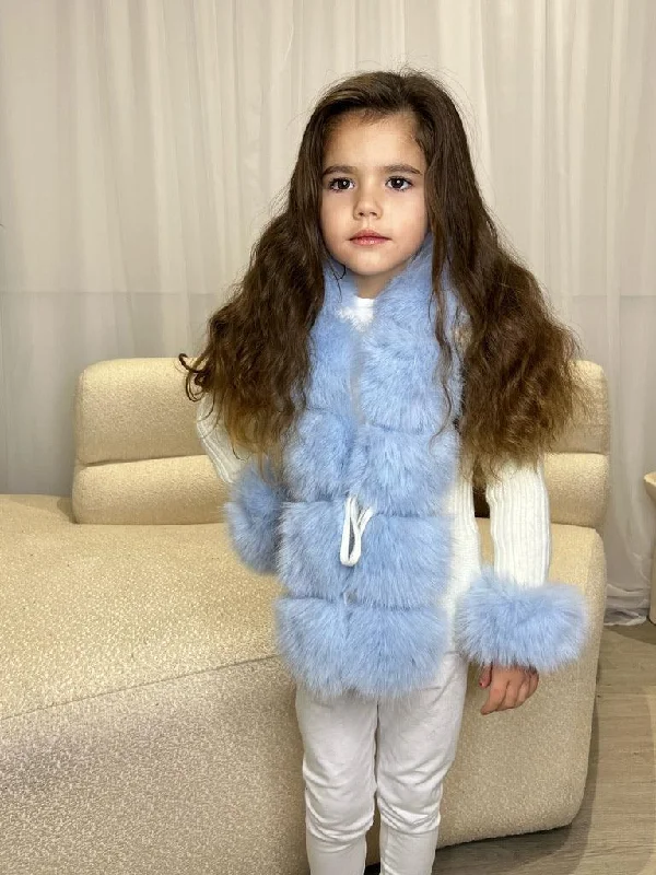 Kids Cream/Blue Premium Faux Fur Cardigan