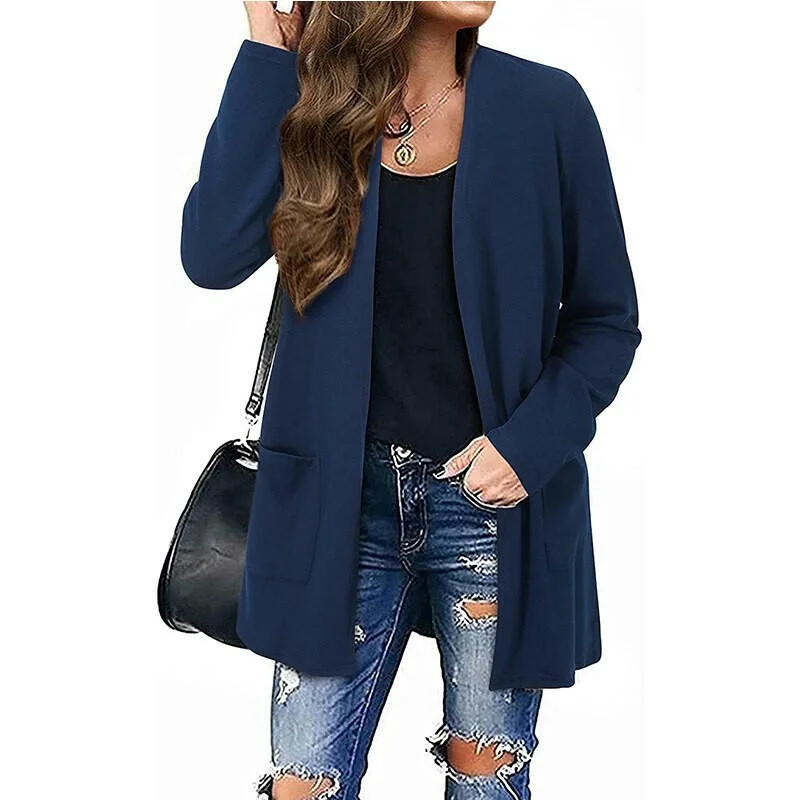 European and American foreign trade sweater women solid color casual mid-length pocket knitted cardigan