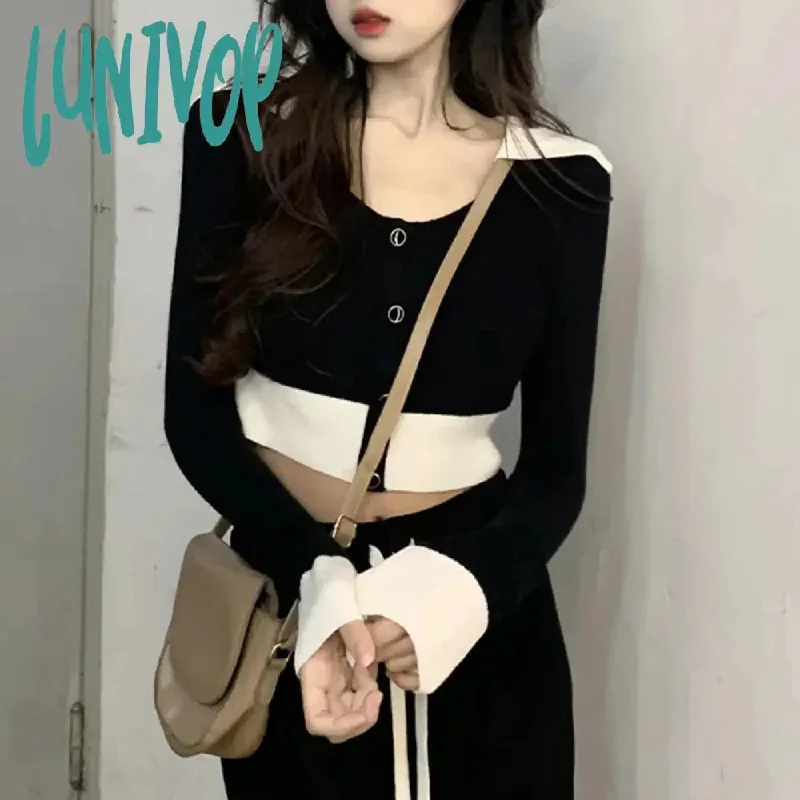 Lunivop Contrast Color Lapel Knitted Sweater Women Winter New Slim Bottoming Shirt Top Elegant All-match Female Pullover