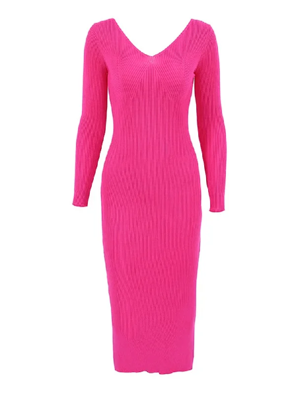 Lunivop Spring Autumn Women Sweater Knitted Sexy Dress V-neck Long Sleeve Slim Fit Bodycon Solid Midi Pencil Dress Women