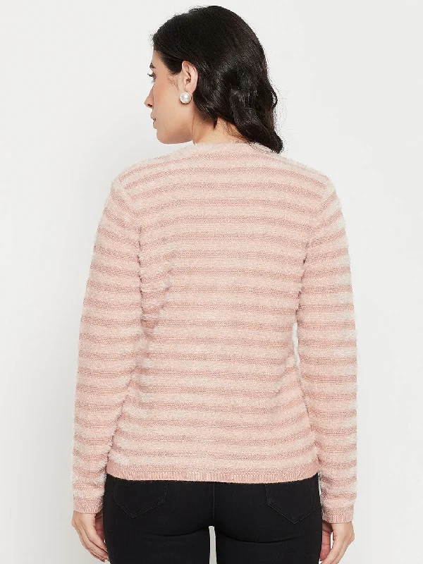 Madame V-Neck Striped Pink Cardigan