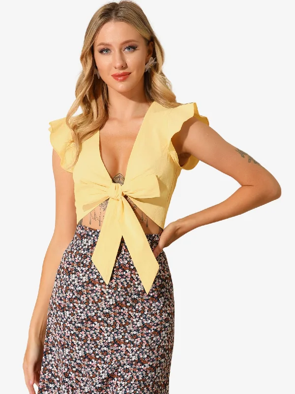 Summer Deep V Neck Ruffle Short Sleeve Tie Knot Front Crop Top