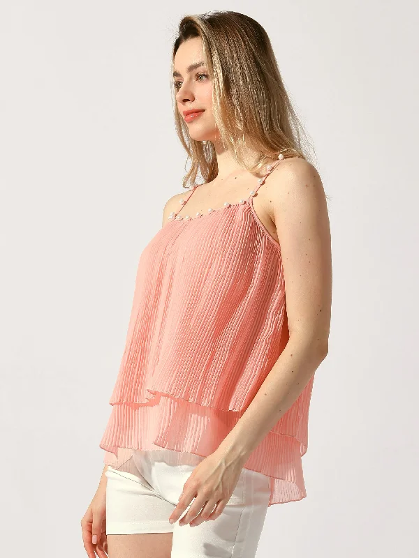 Double-Layer Pleated Ruffle Casual Spaghetti Strap Top