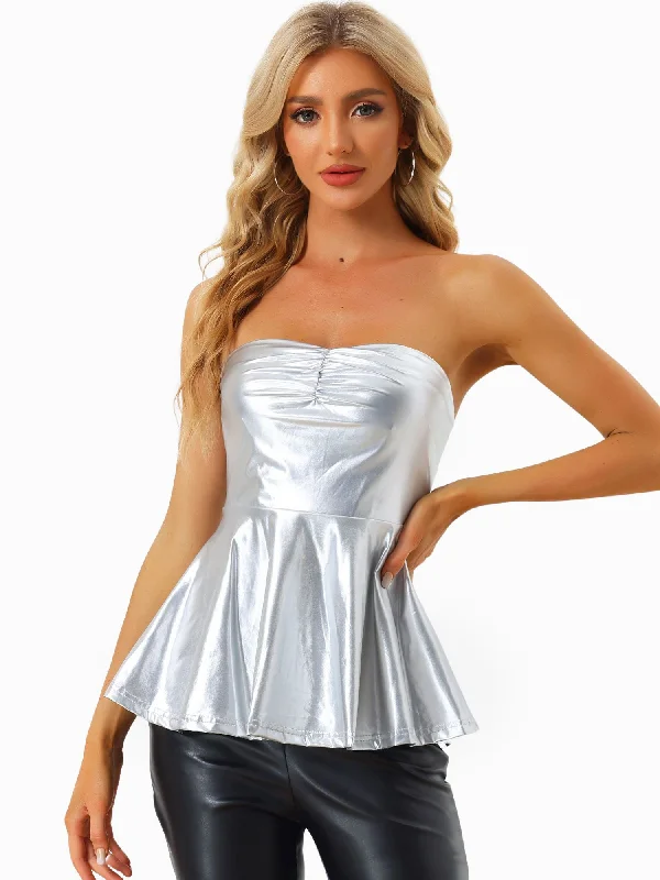 Strapless Tube Top Shiny Metallic Party Clubwear Peplum Blouse