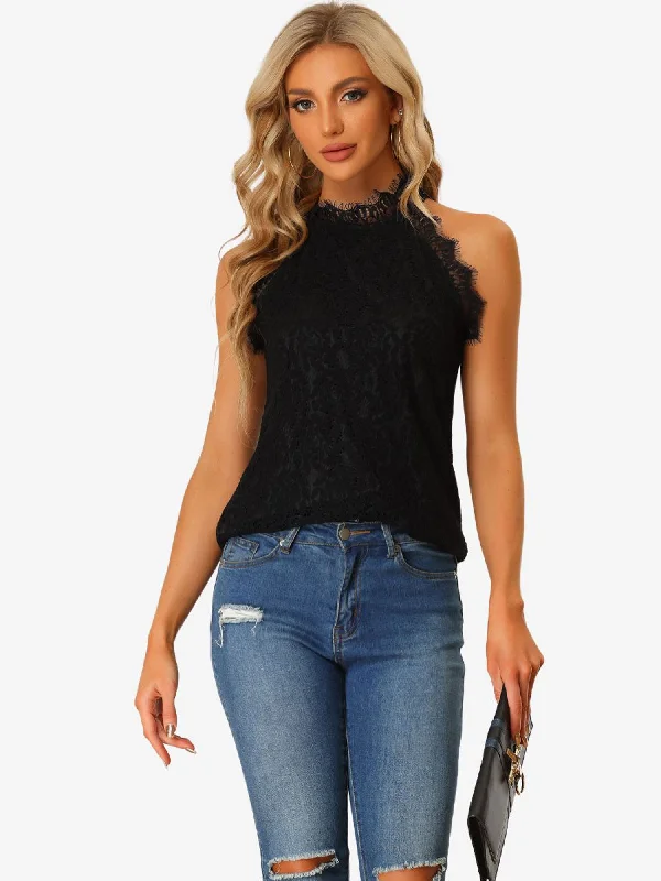 Casual Ruffled Halter Neck Sleeveless Lace Tops