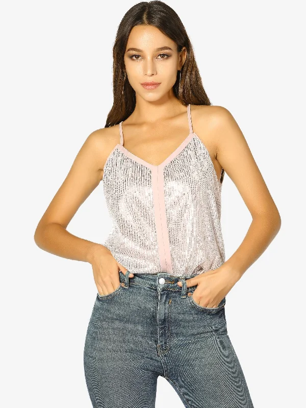 Sequin Metallic Club Party Sparkle Spaghetti Strap Camisole Top