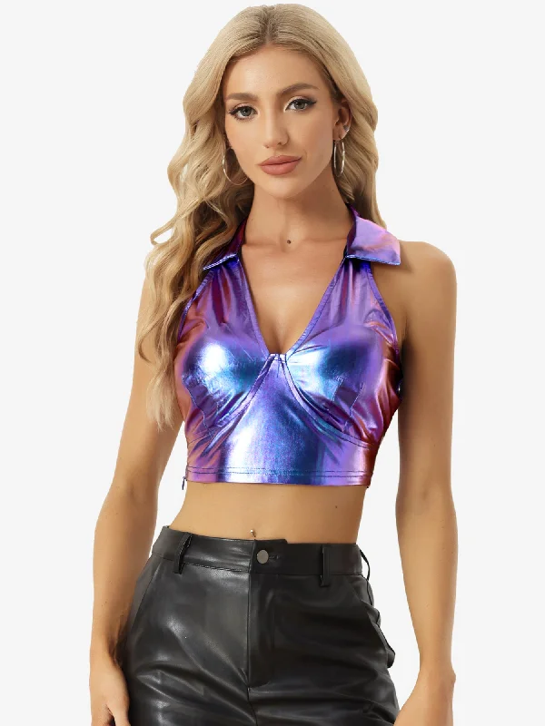 Holographic Crop Top Shimmering Shiny Party Halter Metallic Tops