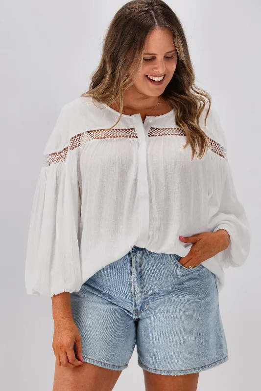 Sass Rava Boho 3/4 Sleeve Top White