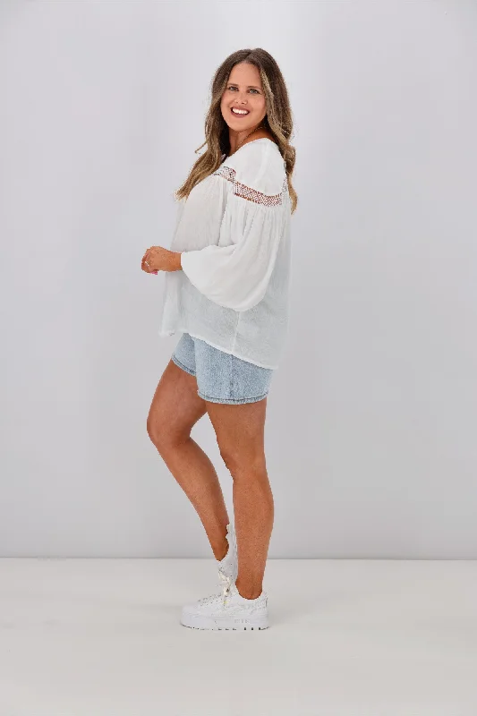 Sass Rava Boho 3/4 Sleeve Top White