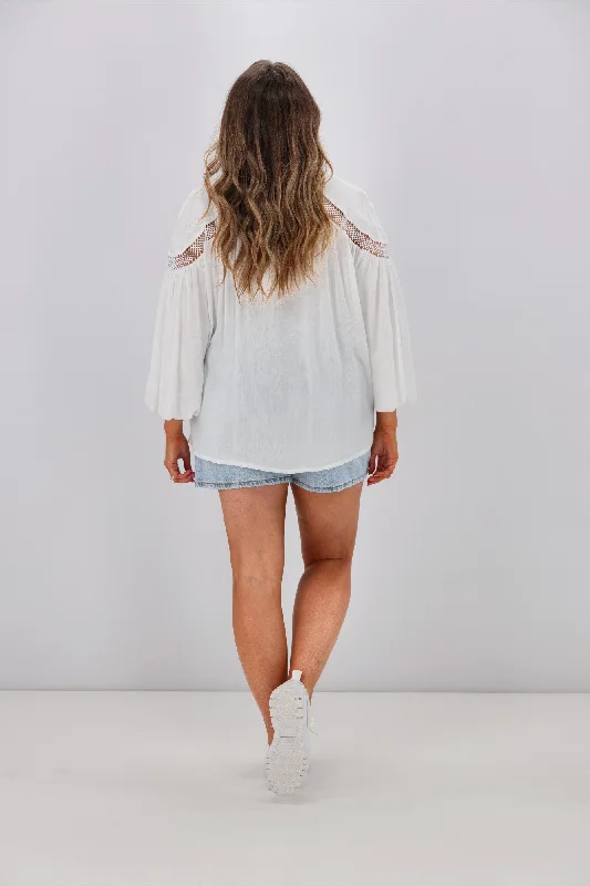 Sass Rava Boho 3/4 Sleeve Top White