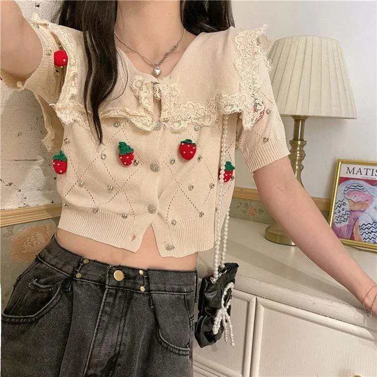 Women's Kawaii Strawberry Embroidered Doll Collar Knitted Tops