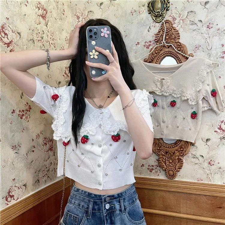 Women's Kawaii Strawberry Embroidered Doll Collar Knitted Tops