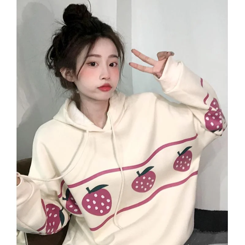 Women's Kawaii Strawberry Printed Loose Hoodies