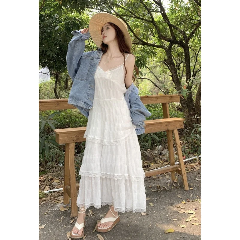 Women's Korean Style Plunging Lace Hem Slip Dress