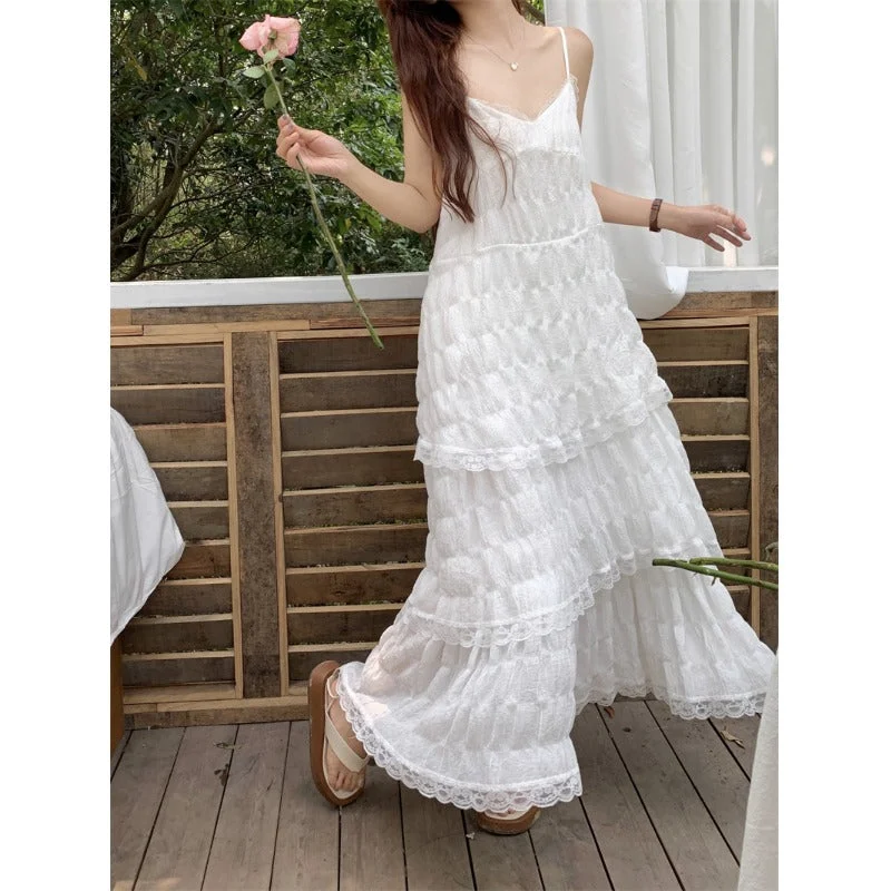 Women's Korean Style Plunging Lace Hem Slip Dress