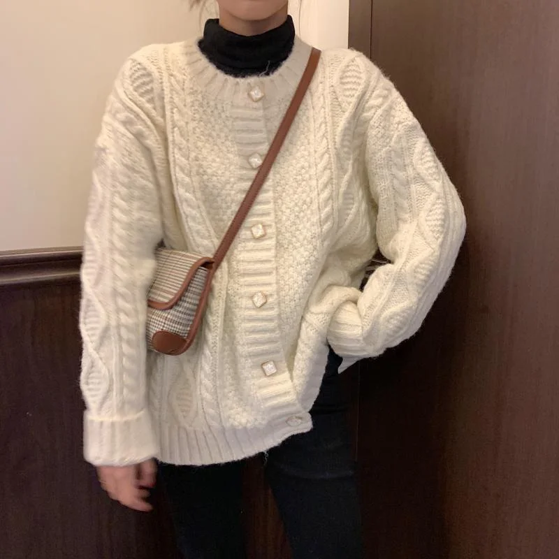 Women's Korean Style Rhombus Button Cable Knitted Cardigan