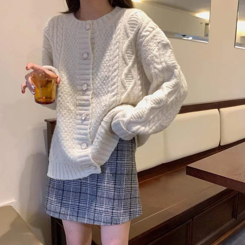 Women's Korean Style Rhombus Button Cable Knitted Cardigan