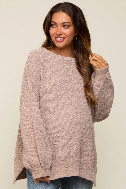 Beige Chenille Knit Balloon Sleeve Maternity Sweater