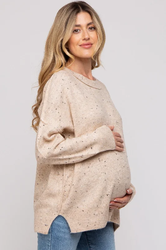 Beige Speckled Knit Maternity Sweater