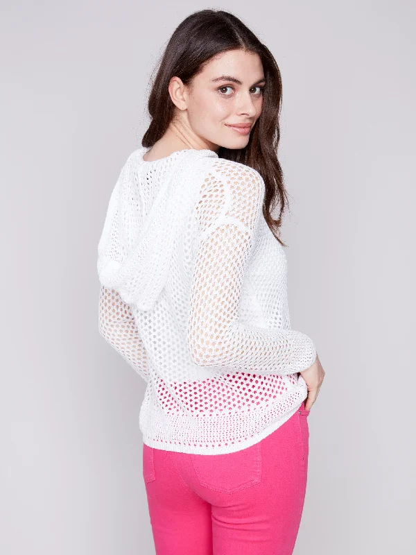 Fishnet Crochet Hoodie Sweater - White