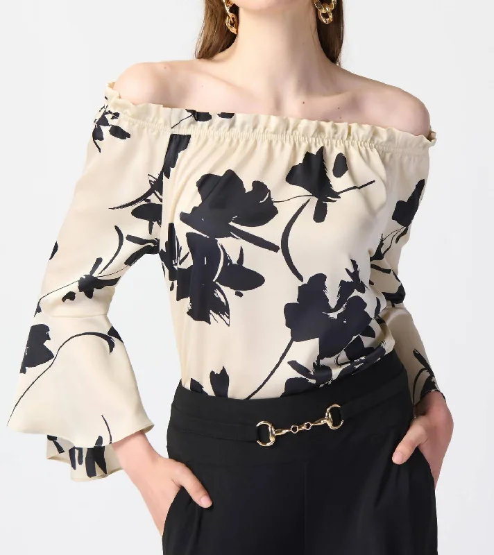 Floral Satin Off-The-Shoulder Top In Beige/black