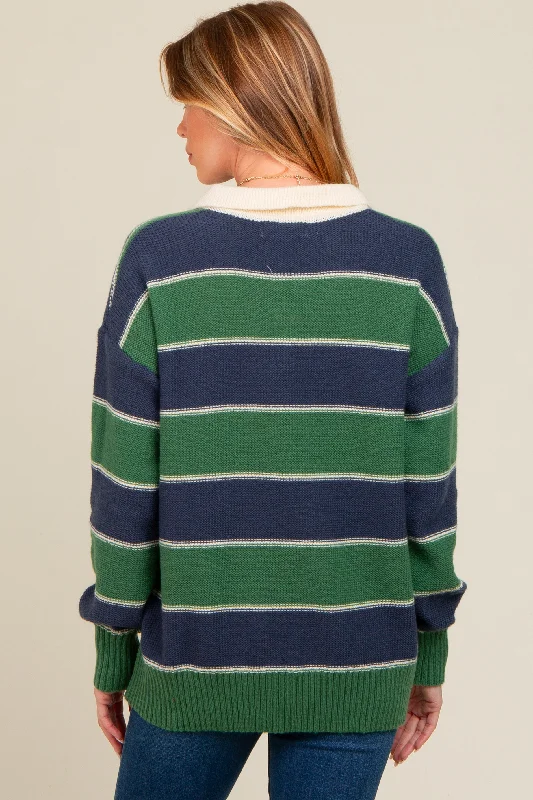 Green Striped Polo Knit Maternity Sweater