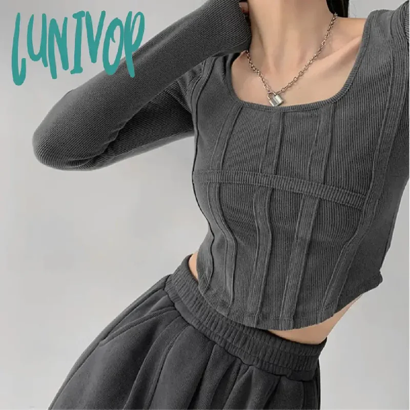 Lunivop Korean Style Crop T Shirts Women Vintage Sexy Long Sleeve Tops Female Harajuku Fashion Basic Solid Square Collar Tees