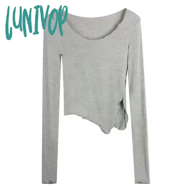 Lunivop  Korean Style Knitted T Shirts Women Vintage Aesthetic Gray Black Bottoming Shirt Sexy Casual Long Sleeve Tees Crop Tops