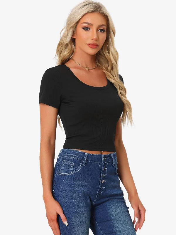 Basic Scoop Neck Short Sleeve Knit T-Shirt Crop Tops