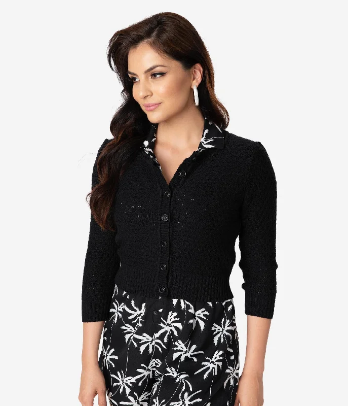 Retro Style Black Cotton Crochet Sleeved Button Cardigan