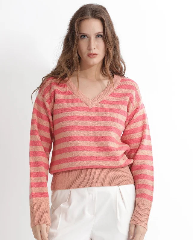 Rareism Women'S Ronnie Dark Pink Acrylic Fabric Full Sleeves V-Neck Relaxed Fit Striped Sweater