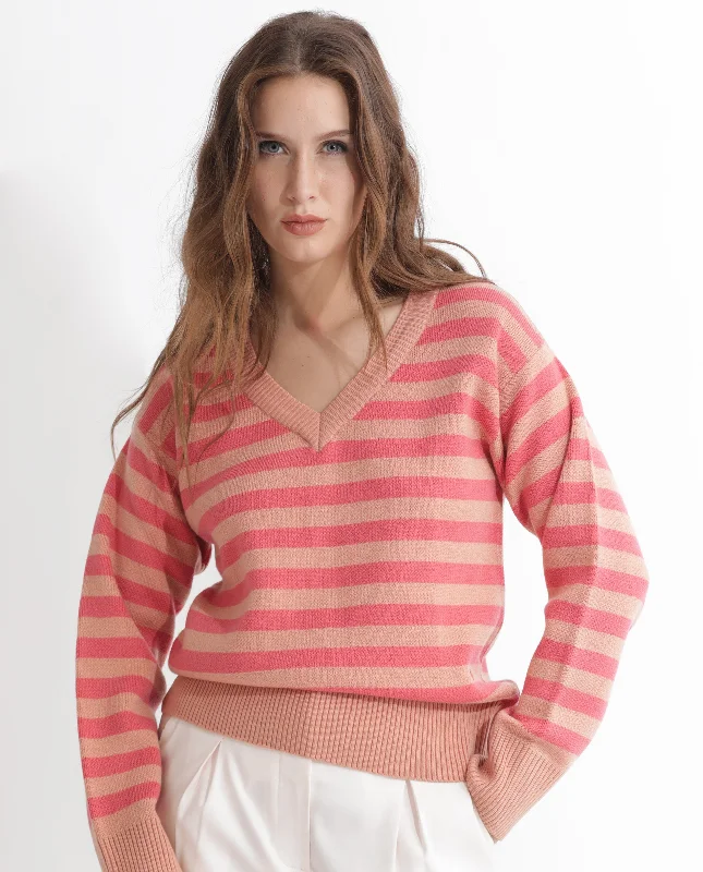 Rareism Women'S Ronnie Dark Pink Acrylic Fabric Full Sleeves V-Neck Relaxed Fit Striped Sweater