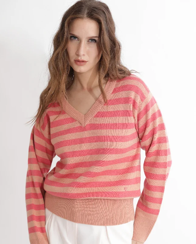 Rareism Women'S Ronnie Dark Pink Acrylic Fabric Full Sleeves V-Neck Relaxed Fit Striped Sweater