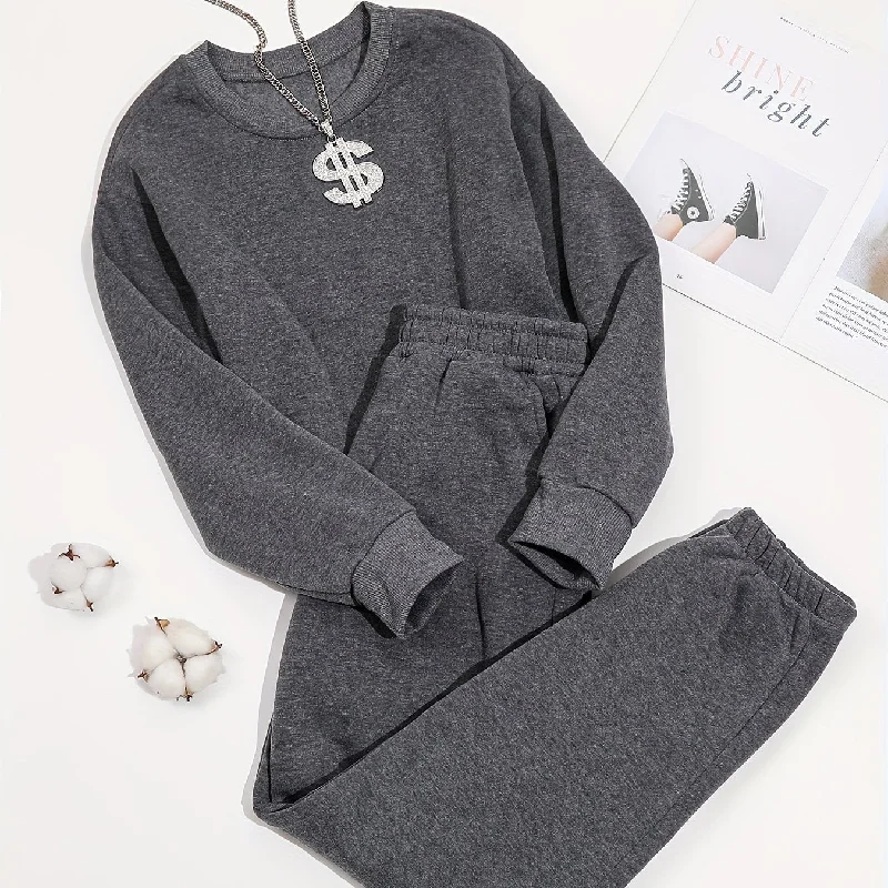 Sixsr 2pcs Long Sleeve Casual Sports Sets, Fleece Liner Crew Neck Pullover Sweatshirt & Casual Loose Sweatpants, Women's Activewear