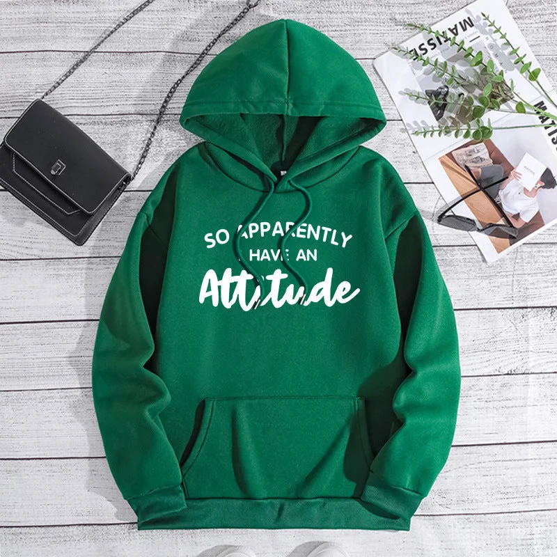 Sixsr I Have An Attitude Print Hoodies, Drawstring Kangaroo Pocket Casual Sweatshirt For Spring & Fall, Women's Clothing