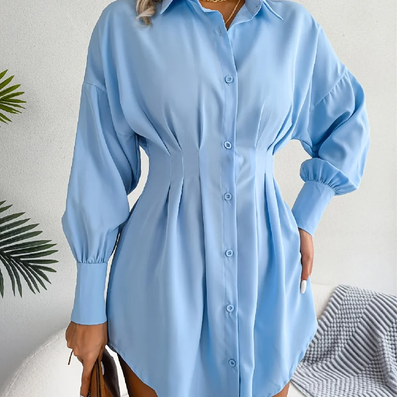 Sixsr Lantern Sleeve Pleated Waist Dress, Casual Shirt Dress For Spring & Fall, Women's Clothing