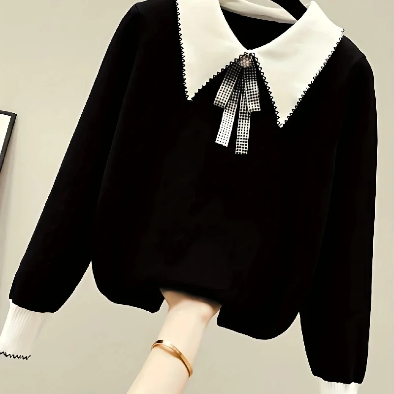 Sixsr Long Sleeve Shirt Collar Sweater, Spring & Fall Elegant Casual Warm Sweater, Women's Clothing