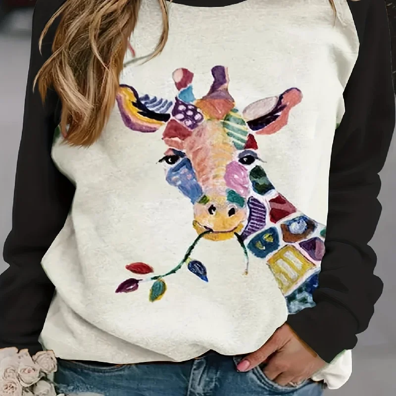 Sixsr Plus Size Casual Sweatshirt, Women's Plus Colorblock Giraffe Print Long Sleeve Round Neck Pullover Sweatshirt