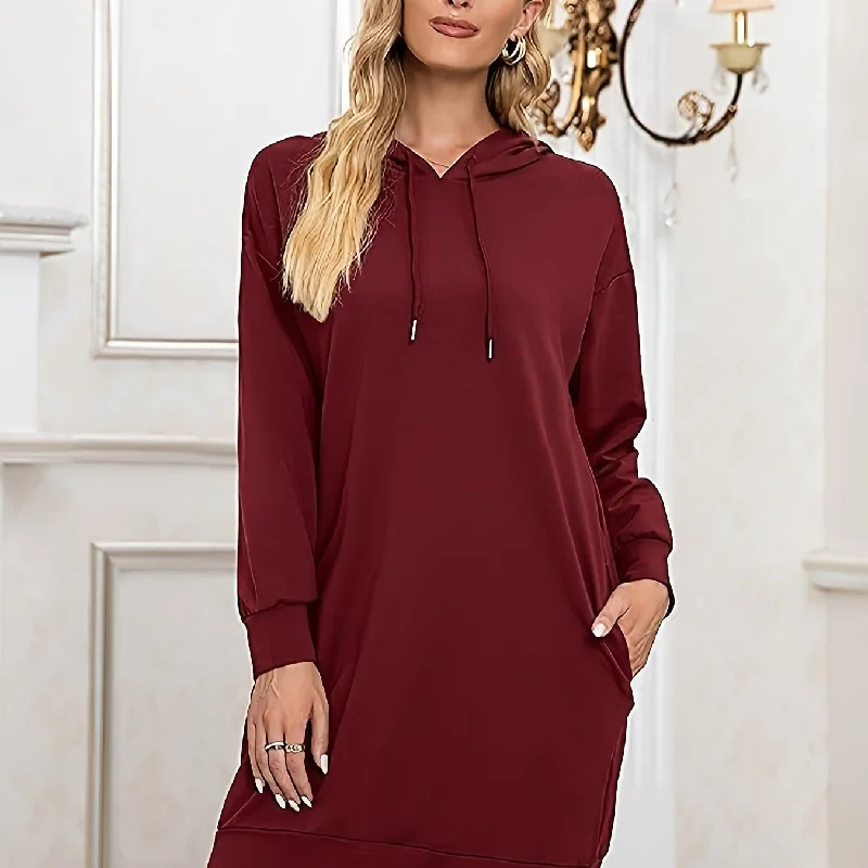 Sixsr Plus Size Casual Sweatshirt, Women's Plus Solid Plain Long Sleeve Drop Shoulder Drawstring Long Hoodie