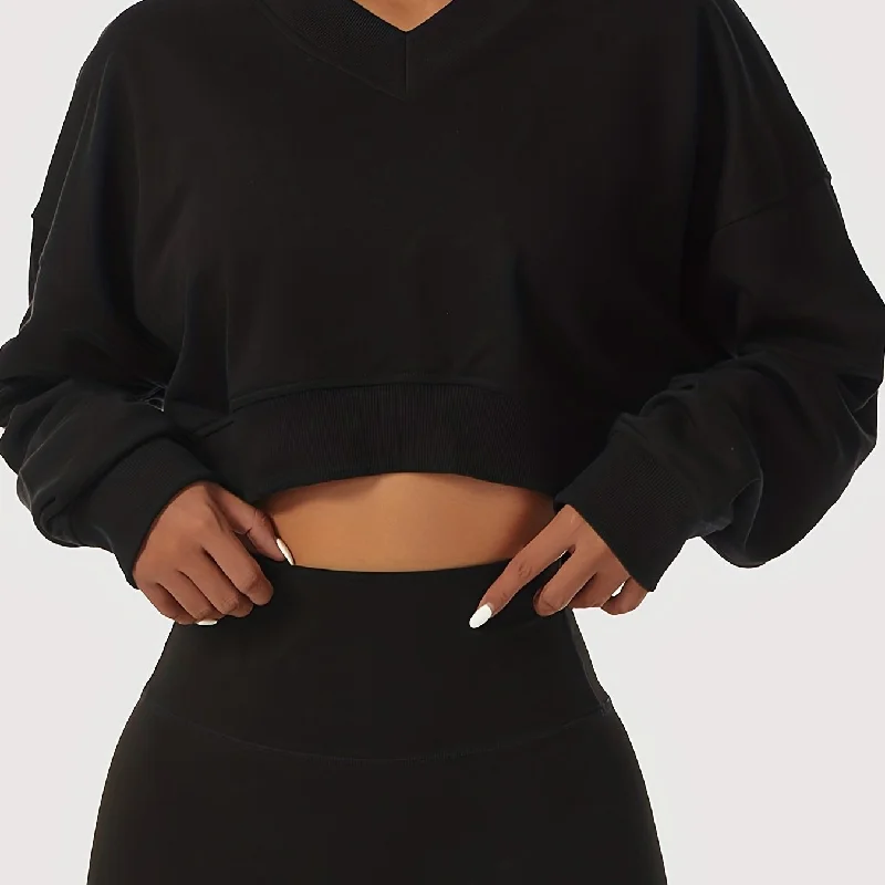 Sixsr Women's Solid Cropped Long Sleeve Sweatshirts, Casual V Neck Pullover  Sports T-Shirts Tops, Women's Clothing