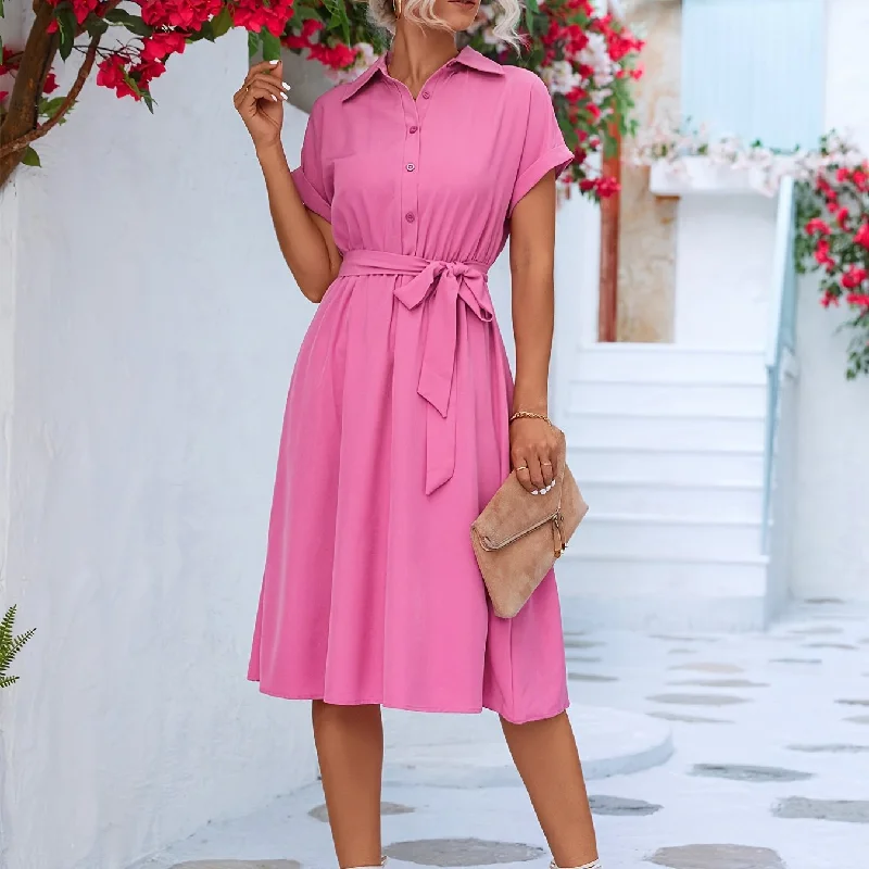 Solid Belted Shirt Dress, Short Sleeve Casual Dress For Summer & Spring, Women's Clothing