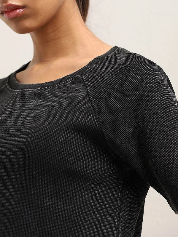 Studiofit Black Waffle Textured Cotton T-Shirt