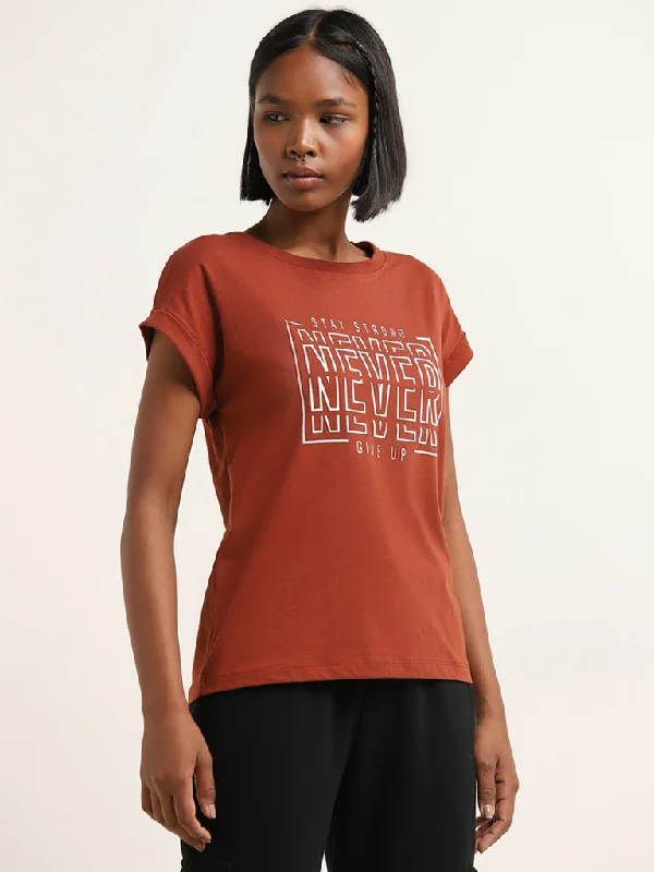 Studiofit Rust Text Design Cotton T-Shirt