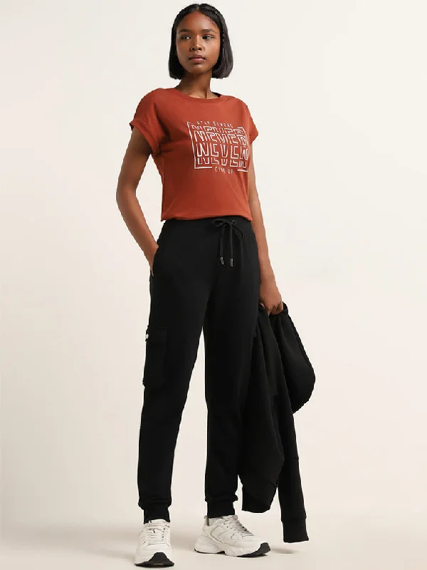 Studiofit Rust Text Design Cotton T-Shirt